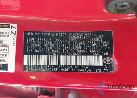 2008 Toyota Corolla Matrix Xr from USA, damaged, VIN 2T1KR32E78C706599